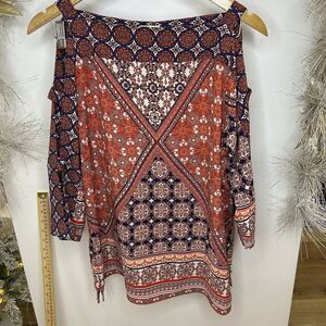 Fig and Flower Boho Top Women Size Large Mixed Print Peasant Blouse Multicolor